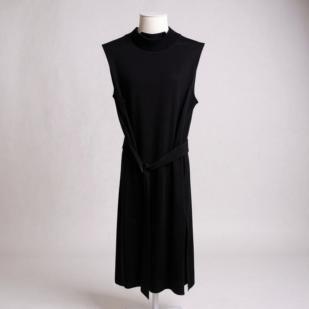 PROLOGUE Black Mock Neck Sleeveless Midi Dress Belted Size L‎